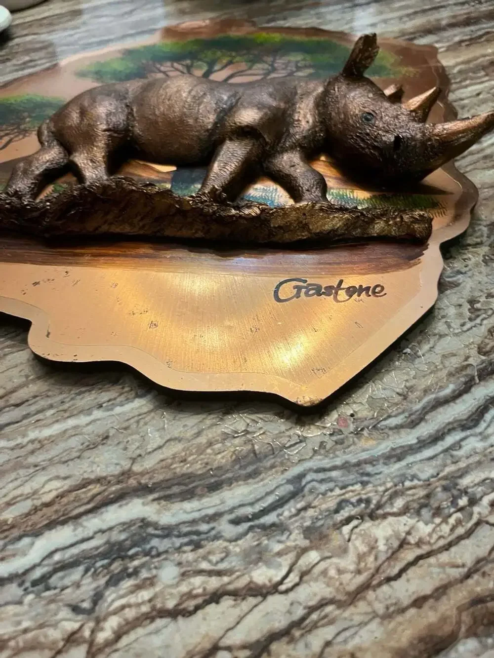 Vintage Gastone Zimbabwe 3D Copper Rhinoceros Wall Art Plaque